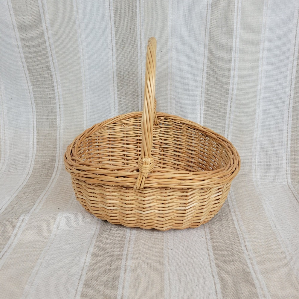 Wicker Gathering Basket Oval Willow Wood Handle Cottagecore Boho Decor